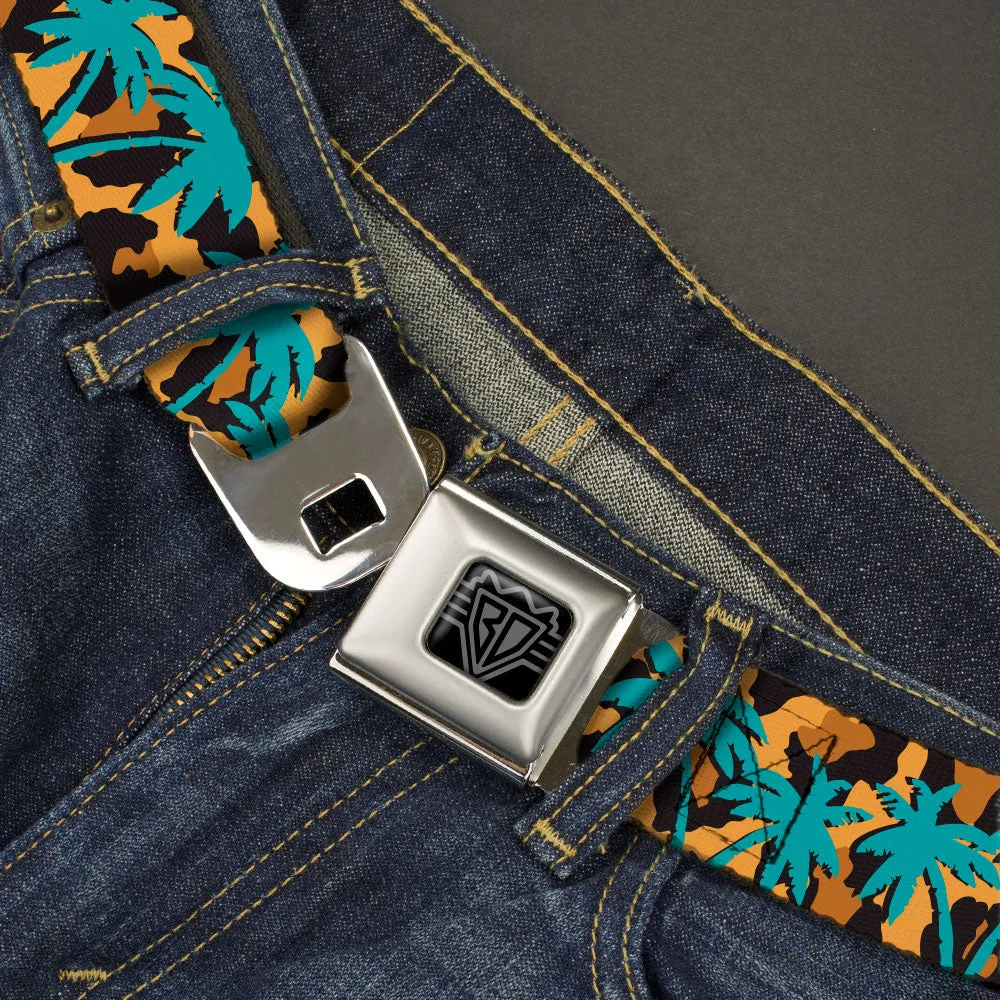 BD Wings Logo CLOSE-UP Black/Silver Seatbelt Belt - Palm Tree Silhouette Leopard Brown/Turquoise Webbing