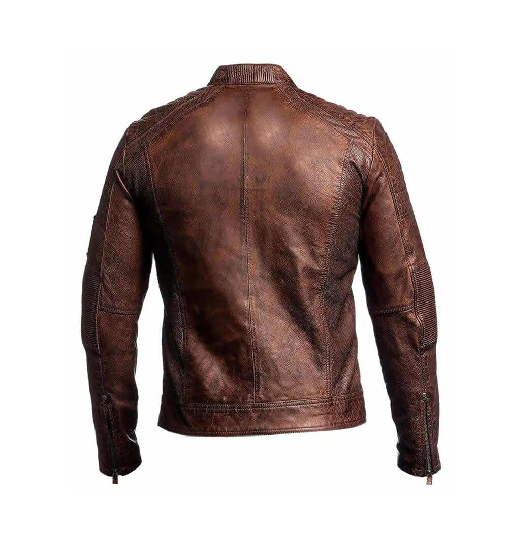 Beautiful Men's Biker Vintage Ribbed Motorcycle Distressed Brown Cafe Racer Leather Jacket