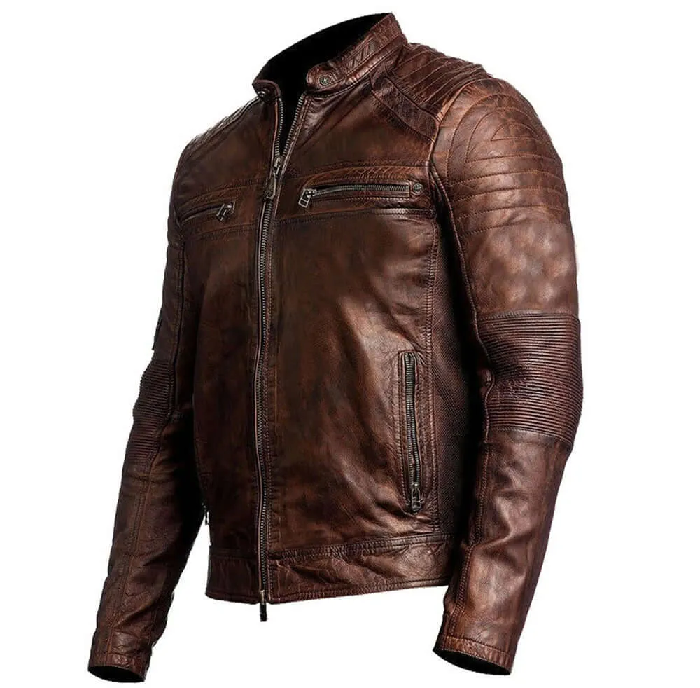 Beautiful Men's Biker Vintage Ribbed Motorcycle Distressed Brown Cafe Racer Leather Jacket