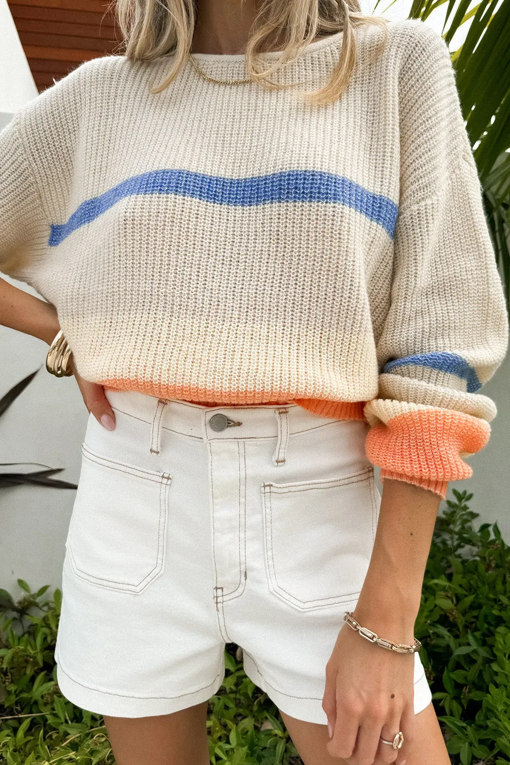 Beige Colorblock Striped Drop Shoulder Cozy Sweater