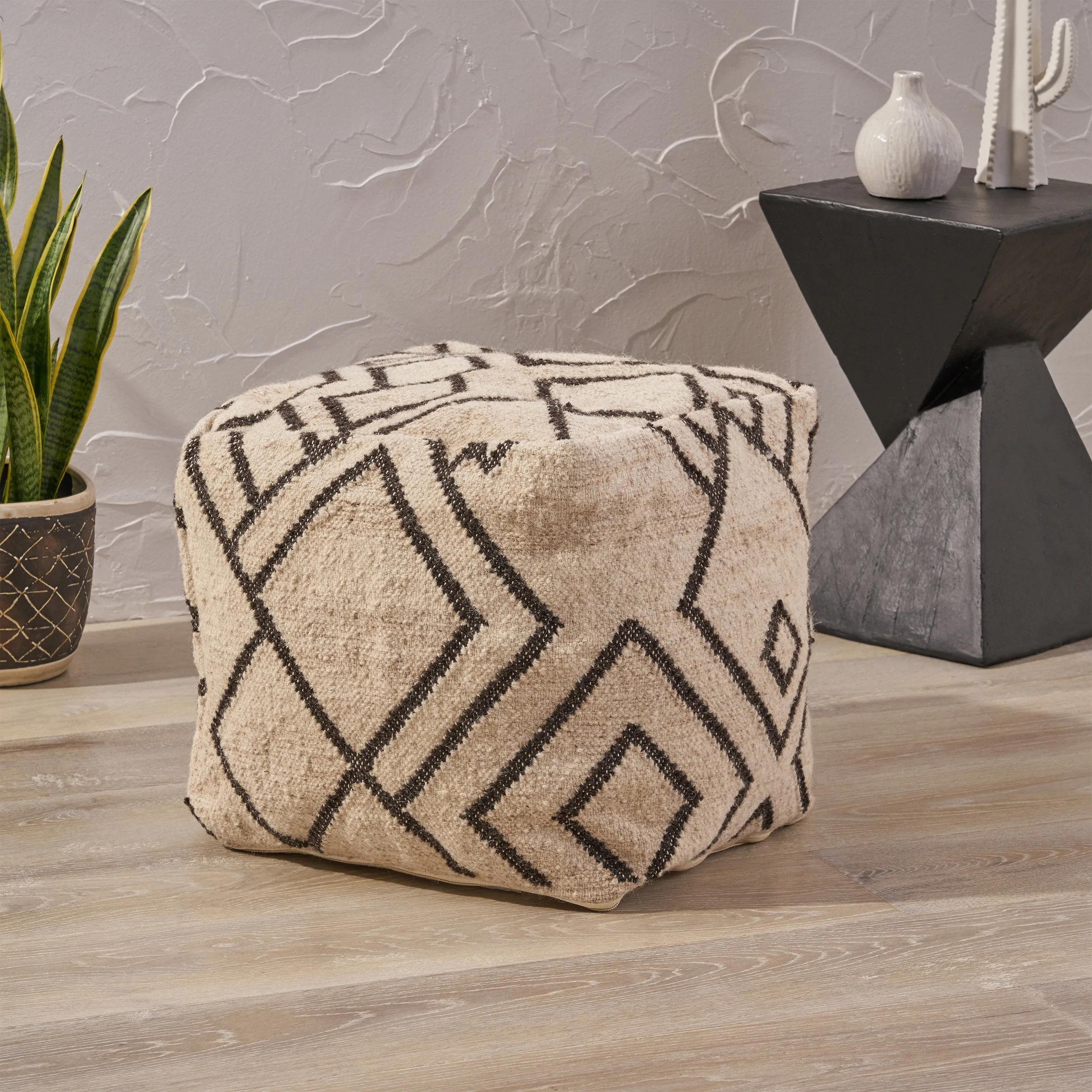 Boho Wool and Cotton Ottoman Pouf - NH633903