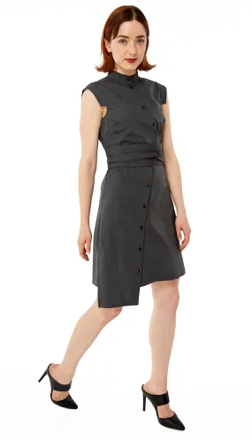 Classic Obi belt Shirtdress/ Graphite textured Cotton