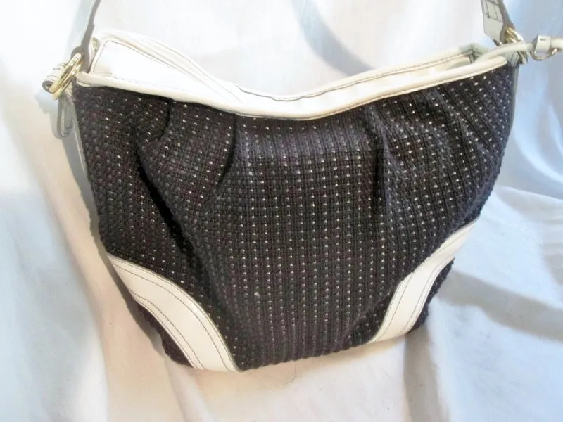 EUC STONE MOUNTAIN leather woven satchel shoulder bag hobo purse BLACK WHITE