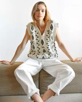 Laimė: Embroidered Oat Milk Alpaca Wool & Cotton Vest