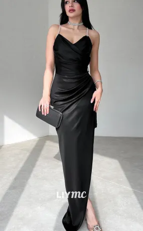 LP2165 - Simple V-Neck Sleeveless Sleek Satin Side Slit Prom Dress