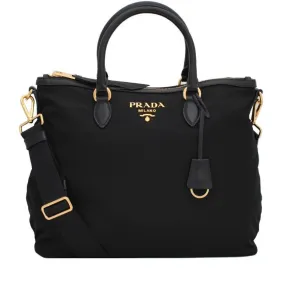 Prada Black Tessuto Nylon Calf Leather Trim Satchel Tote Bag