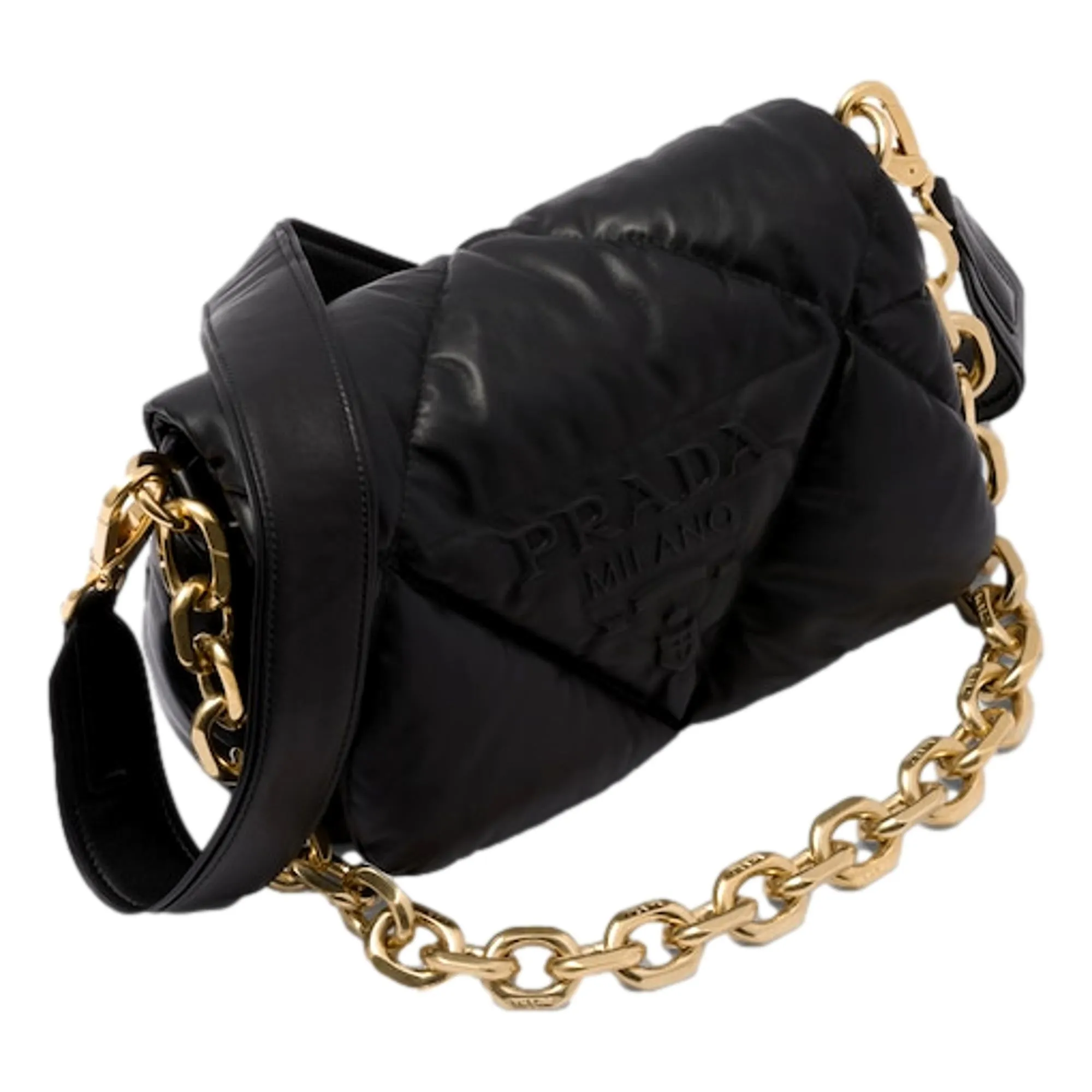 Prada Embossed Logo Black Quilted Soft Nappa Leather Shoulder Bag