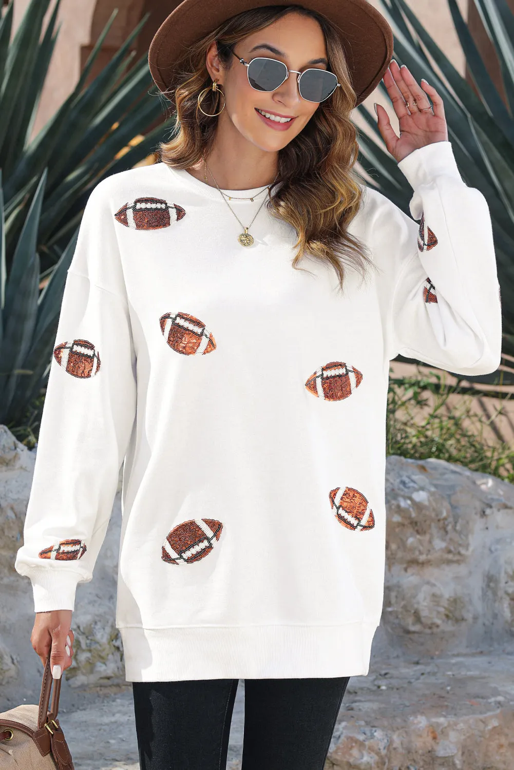 White Sequin Rugby Football Graphic Pullover Sweatshirt